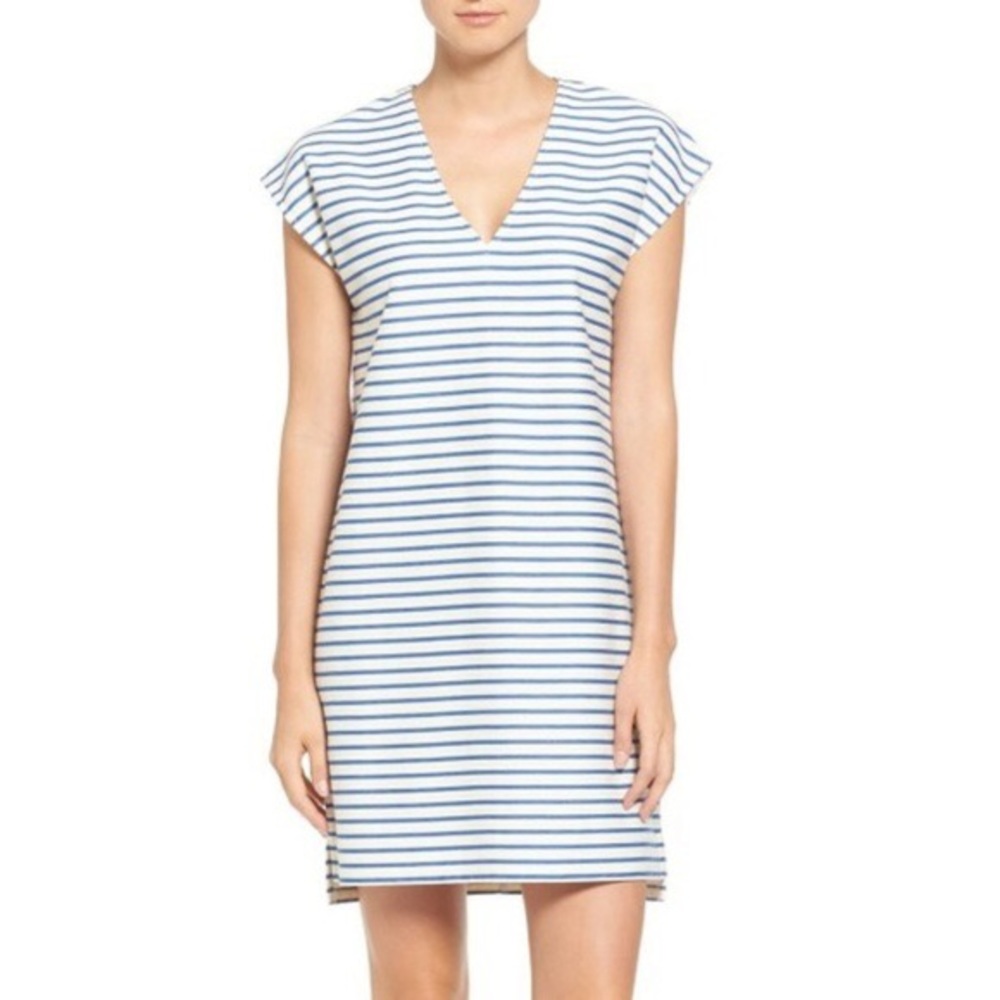 MADEWELL STRIPED VACANCES DRESS IN WHITE & BLUE